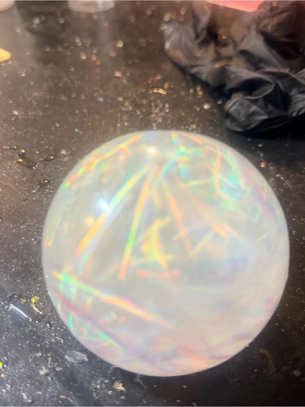 Resin Iridescent White Holographic paperweight with light. Small 3 in